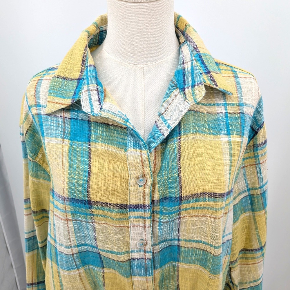 La Miel Plaid Gauze Shirt Raw Hem Boho‎ Beach Lightweight NWT L - Picture 7 of 11